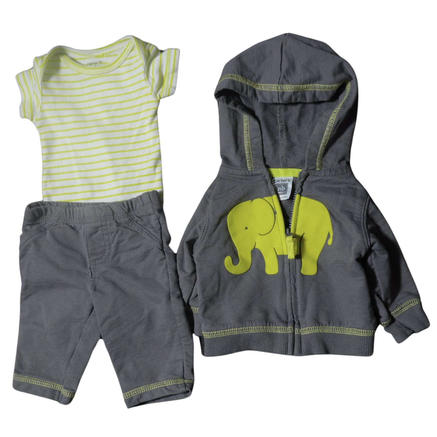 Baby Carter's - Gris con elefante verde - Juego de 3 piezas - Niño recién nacido