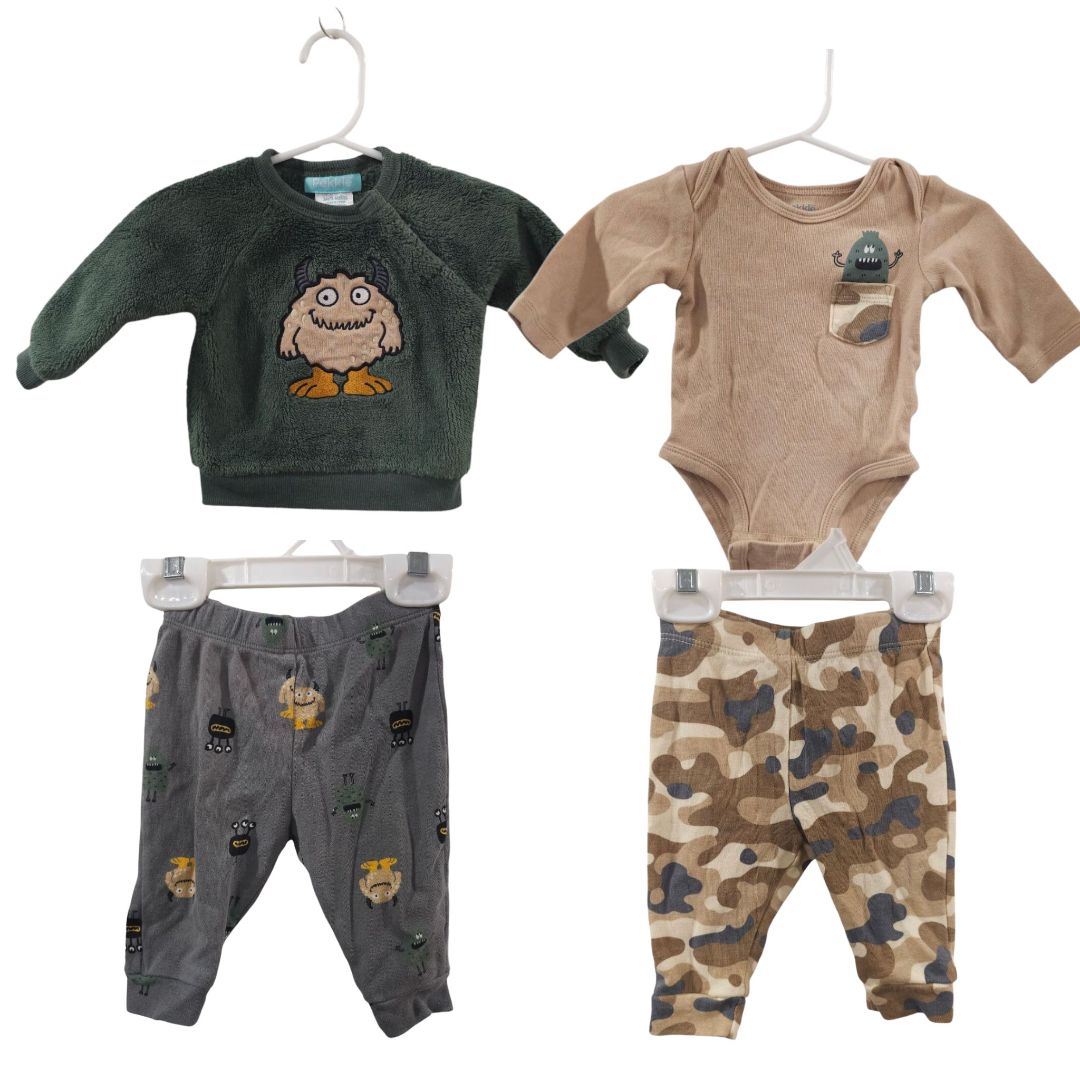 Pekkle - Green Sweater, Bodysuit, and Two Pants Monster Set, 3 m