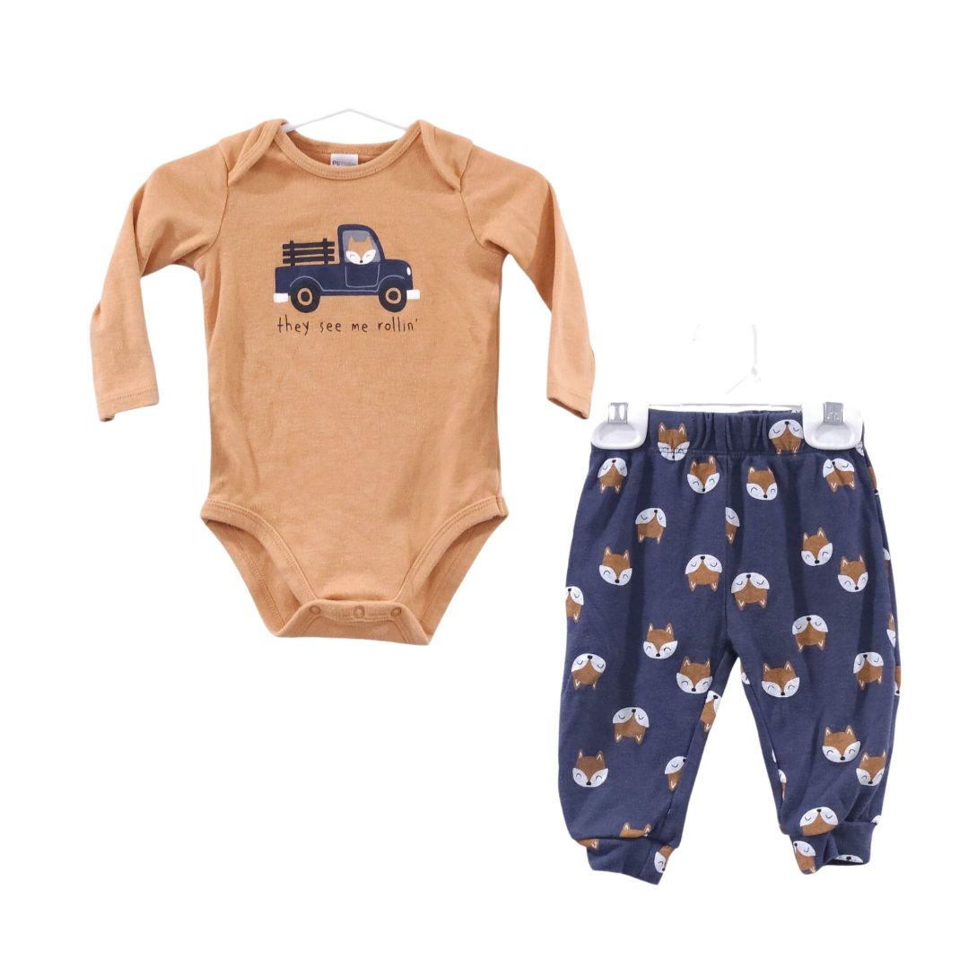 PL Baby - Yellow "They See Me Rollin" Long Sleeve Bodysuit and Pants Set, 9 m