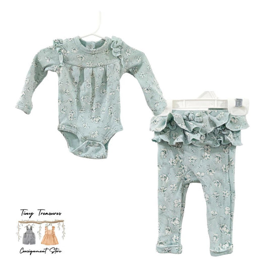 Catherine Malandrino - Blue Ruffled Knit Floral Long Sleeve Top and Pants Set, 3-6 m