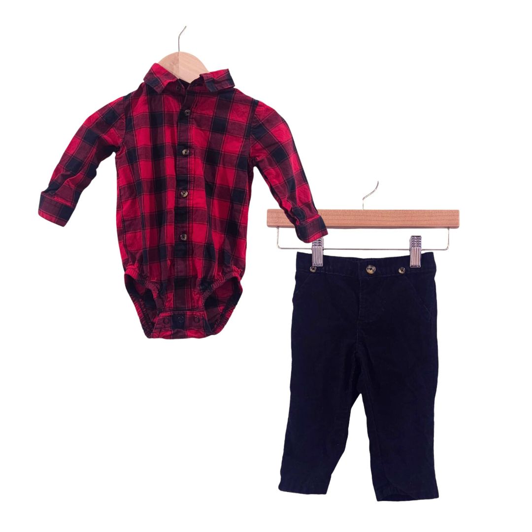 Carter's - Red and Black Buffalo Check Plaid Long sleeve Dress Shirt and Corduroy Pant Set, 9 m