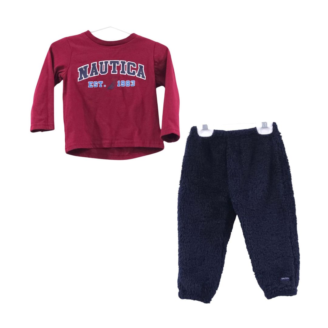 Nautica - Red and Blue "Nautica" Long Sleeve Shirt with Fleece Pants Set, 18 m