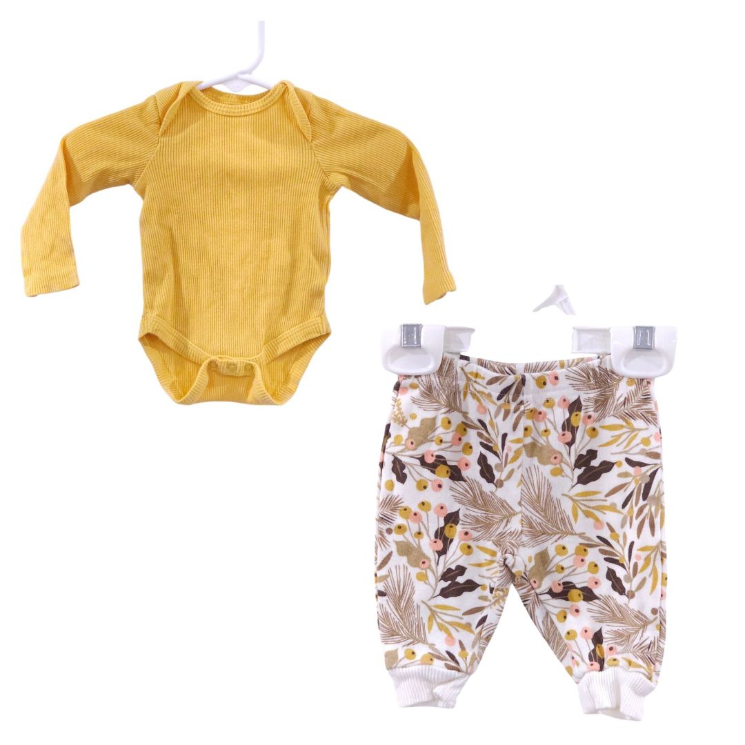 Emporio Baby - Yellow Long Sleeve Bodysuit and Floral Pants Set, 0-3 m