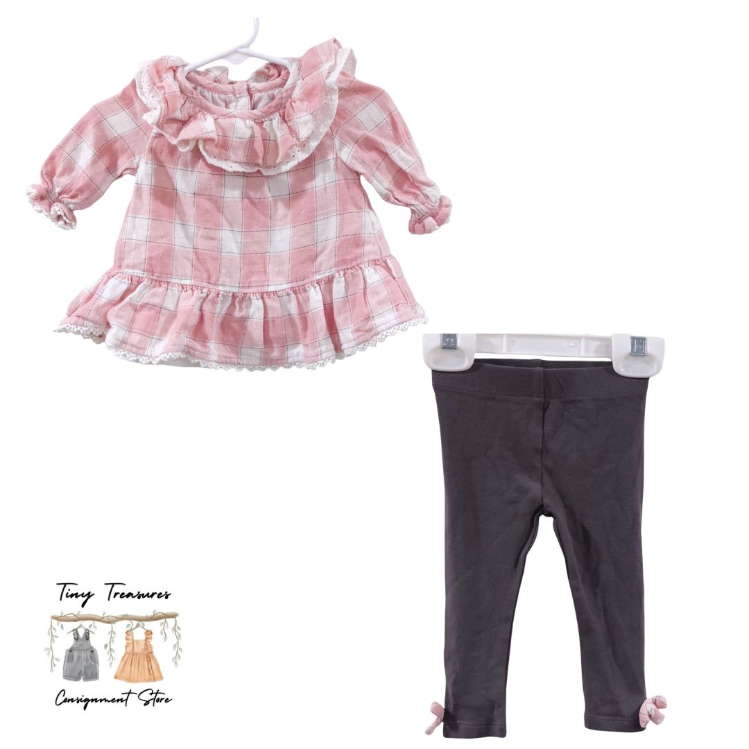 Conjunto de blusa y pantalón de manga larga con cuello a cuadros en tonos rosa Shabby Chic, 0-3 meses