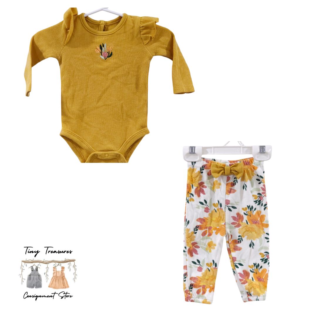 Baby Essentials - Yellow Waffle Knit Bodysuit and Floral Pants Set, 3 m