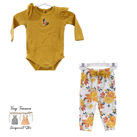 Baby Essentials - Yellow Waffle Knit Bodysuit and Floral Pants Set, 3 m