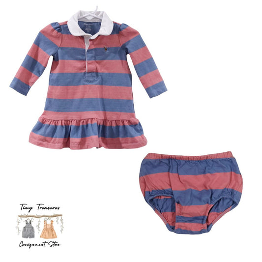 Ralph Lauren - Pink Stripes Long Sleeve Collar Dress and Bloomer Set, 6 m