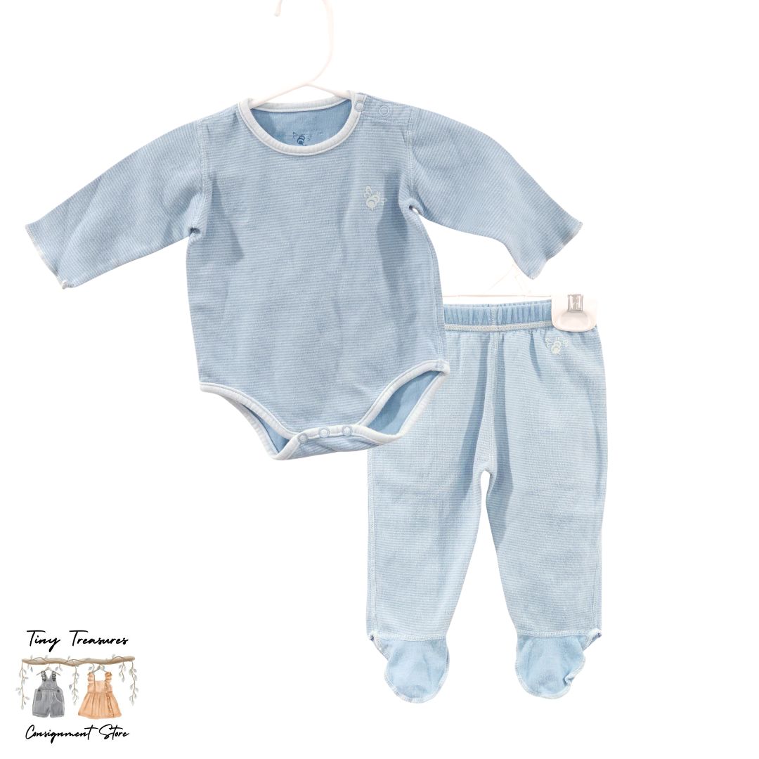 B Nature - Blue Organic Stripes Long sleeves Bodysuit and Footed Pants Set, 3 m