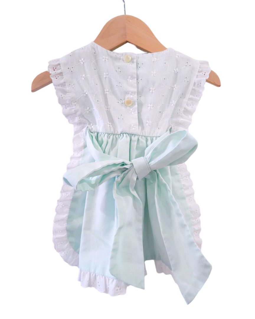 Vacaciones - Vestido estilo vintage con delantal y pantalón bombacho verde, 2T