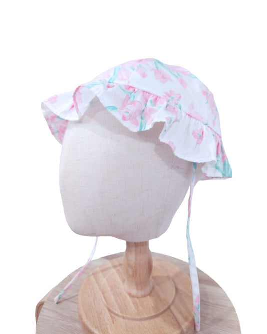 Sombrero para el sol vintage blanco con flores rosas, 3-6 m