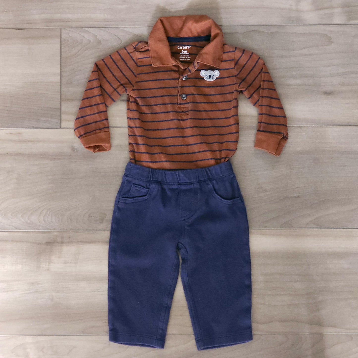 Baby Brown with Blue Stripes Long Sleeves Koala Bodysuit and Pant Set - Boy 6m