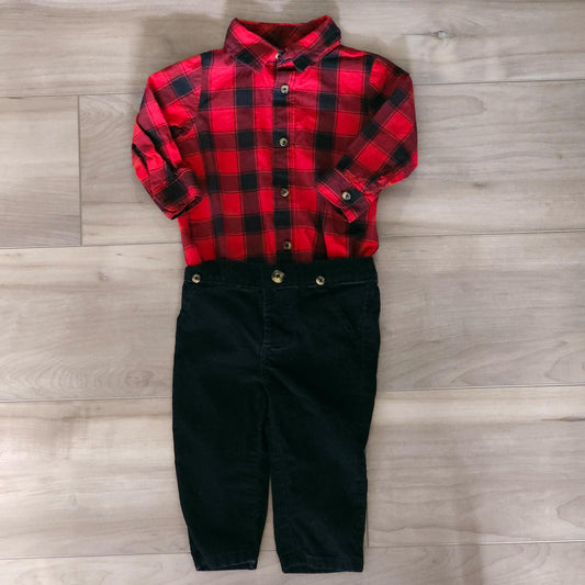 Carter's - Red and Black Buffalo Check Plaid Long sleeve Dress Shirt and Corduroy Pant Set, 9 m